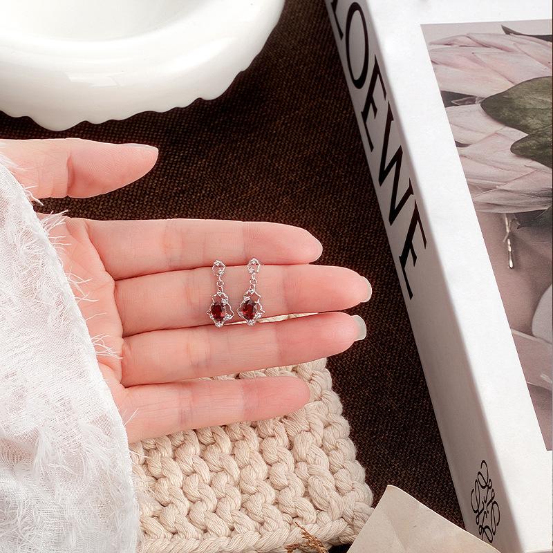 Natural Garnet Olivine S925 Sterling Silver Stud Earrings Women's New Chinese Hollow Colored Treasure Earrings Holiday Gift