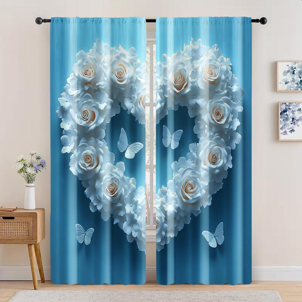 

2 шт., Занавес для вечеринки в День святого Валентина, Романтичные белые розы в форме сердца с облаками, Универсальный 100% полиэстер, Без электричества 29x65in(75x166cm)