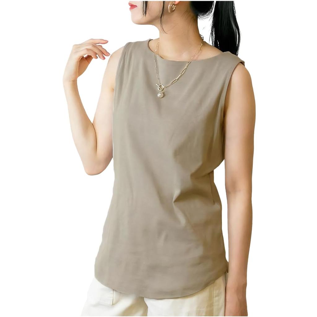 Crossmarberry Cotton Tank Stylish and Plus Boat Loose Women's 100% Top, Size, Sleeveless, Neck, Cute, Fit, Simple, Stretch, Gray, Beige, JX104-GYB-M