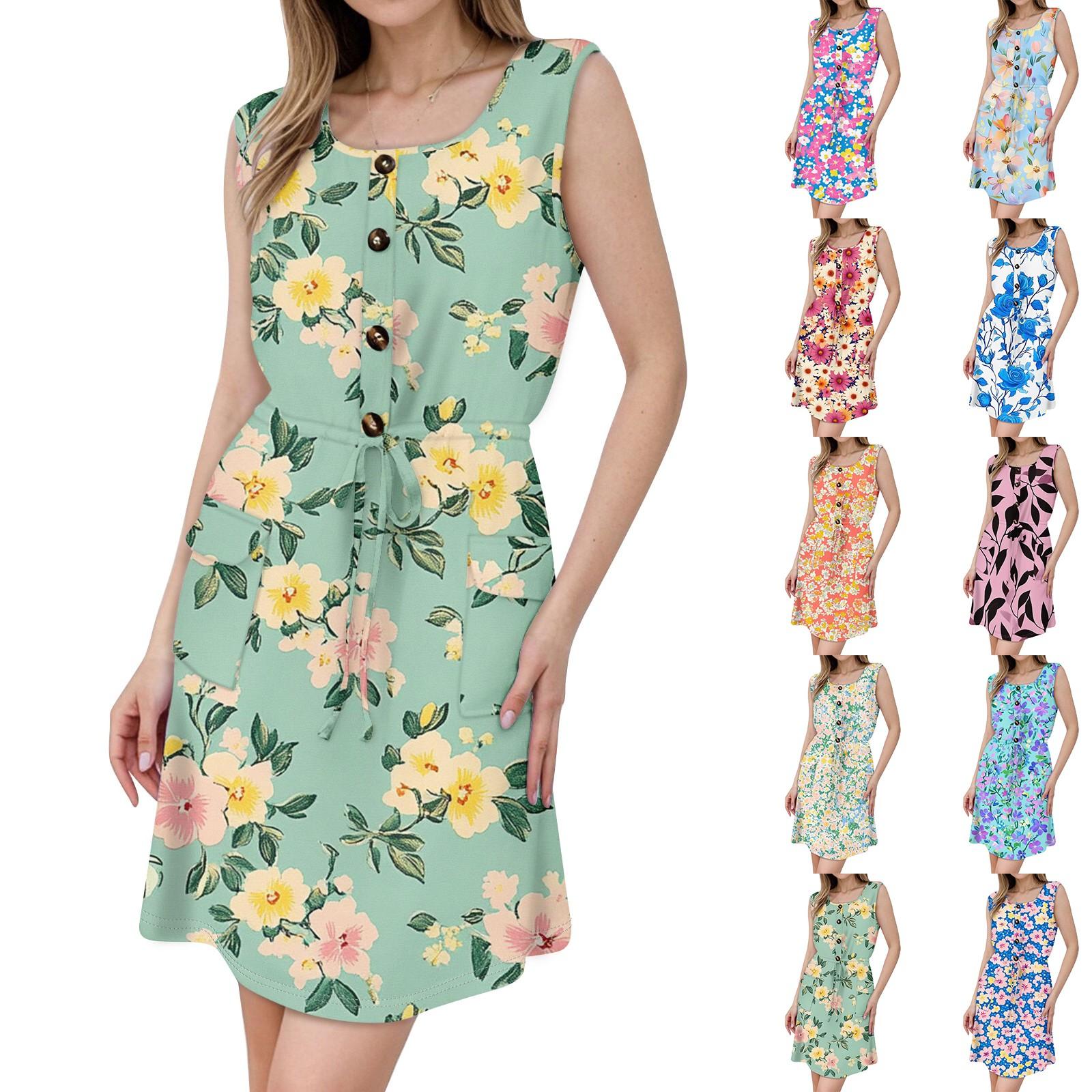 

Women s Fashion Sleeveless Round Neck Printed Decorative Button Double Pocket Lace-up Dress XXL