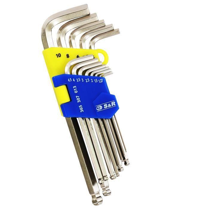 S&amp;R Jeu Clés Allen Longues professionnel. Clés six pans mâle 13 pcs. 1,27 à 10 mm avec Sphère pour vélos, motos, voitures, meubles,