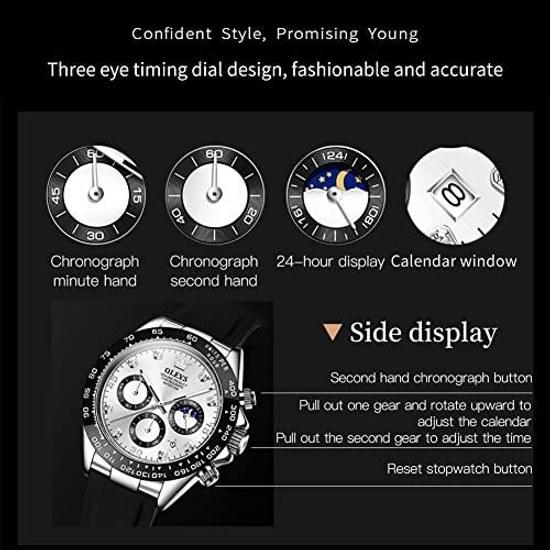 OLEVS Mens Watch Waterproof Chronograph Silicone Strap Large Analog Quartz Silver White Dial Date