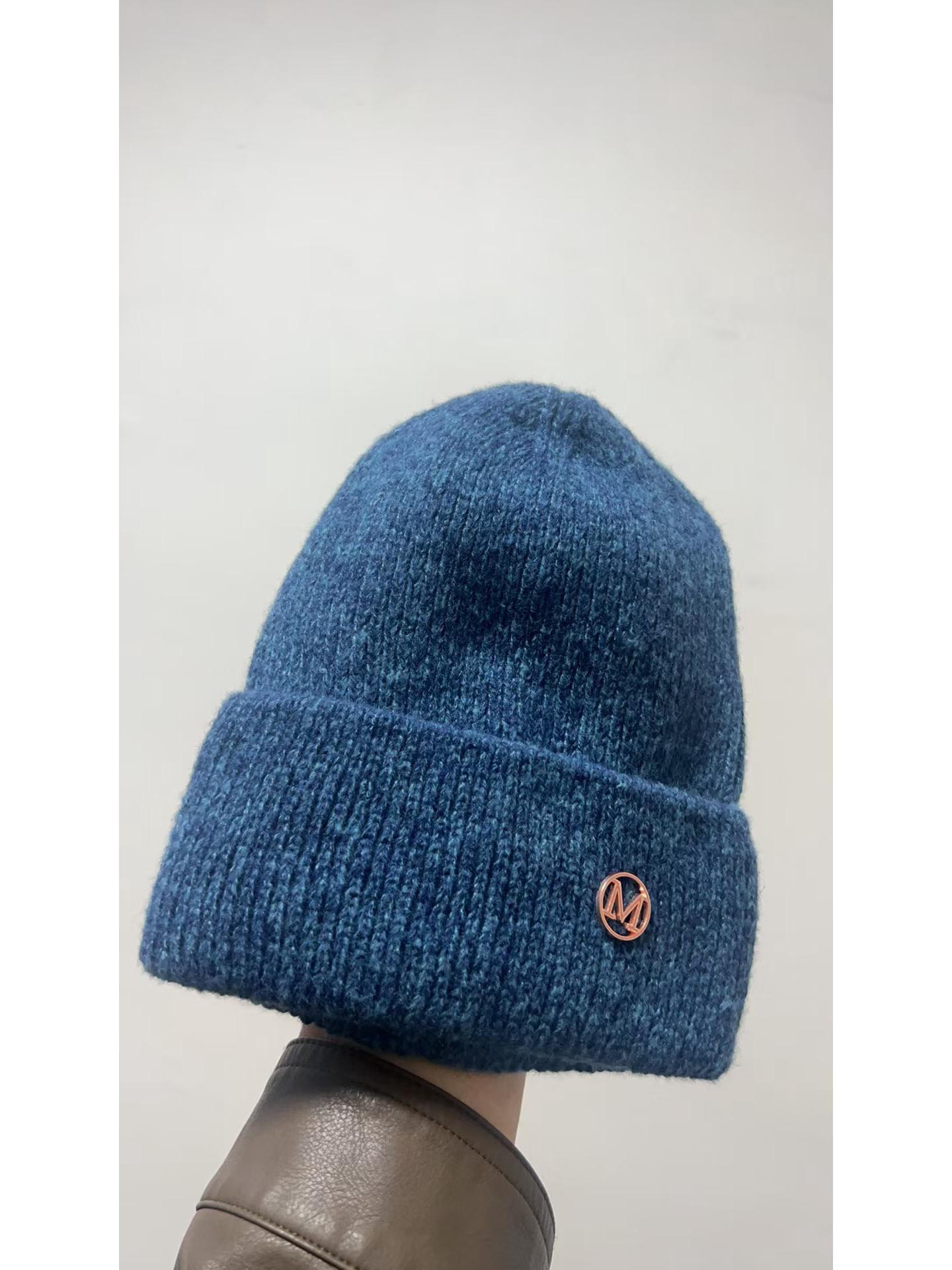 

Модная вязаная шапка на бархатной подкладке с ушами, плотная и теплая для больших голов M mark L (58-60cm) темно-синий