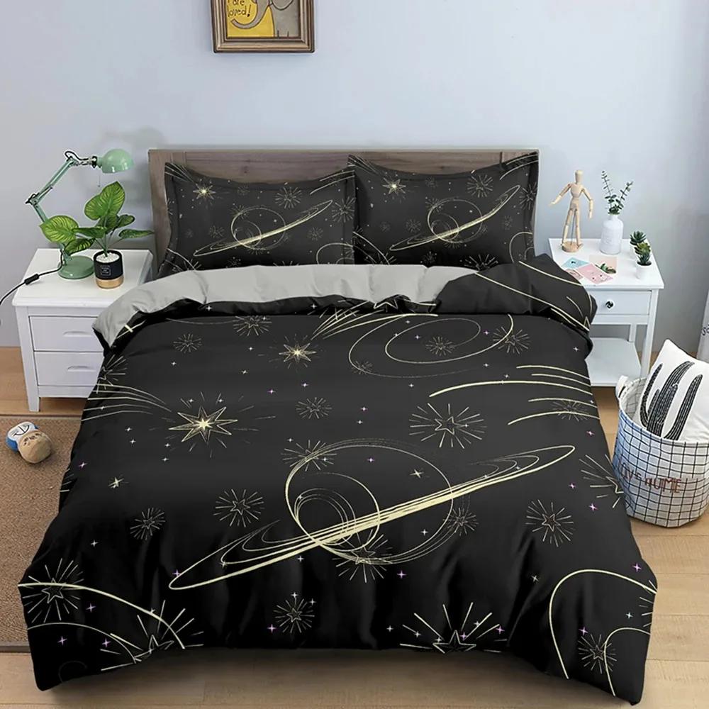 Starry Sky Night Duvet Cover Set Full Queen Size,Cute Star Bedding Sets Black Galaxy Comforter Cover Set with Pillowcases