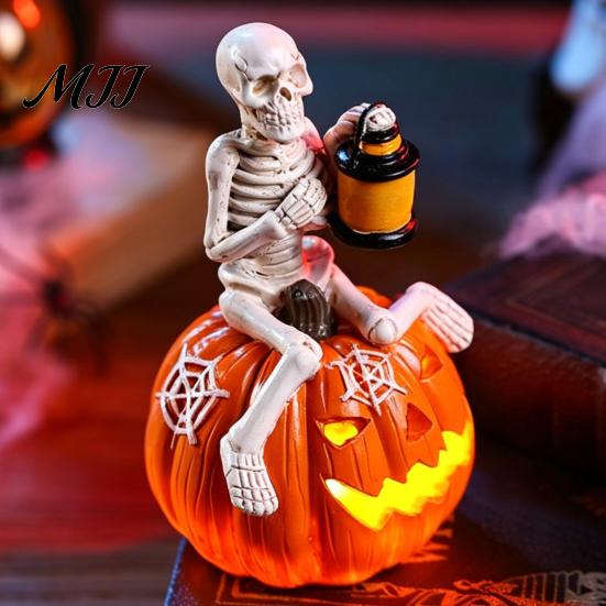 Halloween Pumpkin Skeleton Figurine, LED Light-Up Decorative Lantern, Haunted House Decoration Spooky Holiday for Parties & Ghost Festivals