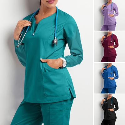 Top uniforme da infermiera con 4 tasche, cerniera, mezza patta, manica lunga, spacchi laterali, vestibilità ampia, camice da lavoro per infermiere