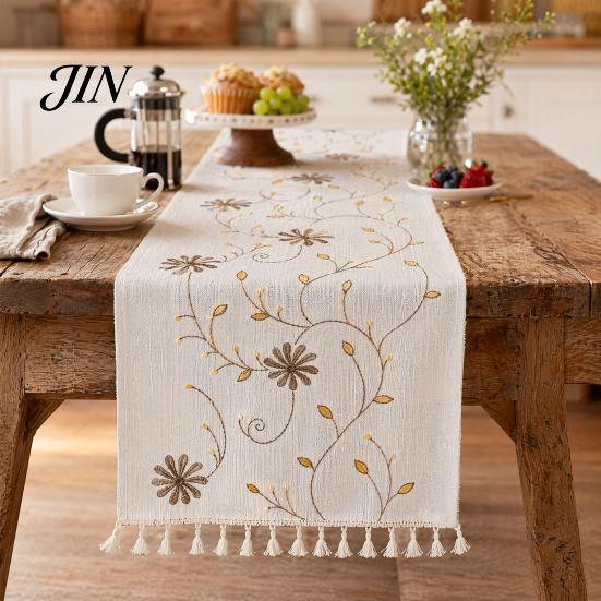 Floral Embroidery Table Runner Embroidered Runner, Elegant Dining Cover, White Rustic Durable for with Tassels Home Wedding Bridal Shower Decor