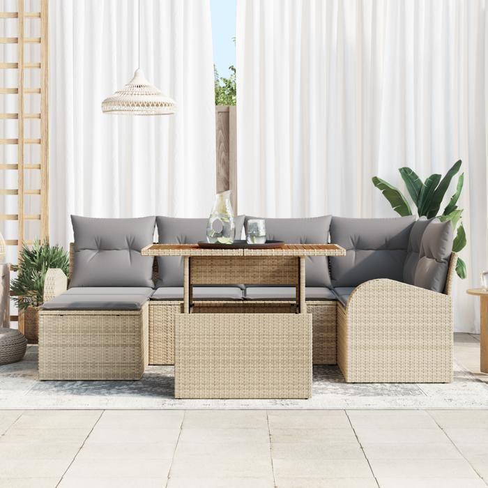 VidaXL Ensemble de salle à manger de jardin 7 pièces avec coussins Beige Poly Rattan Acacia 3349608