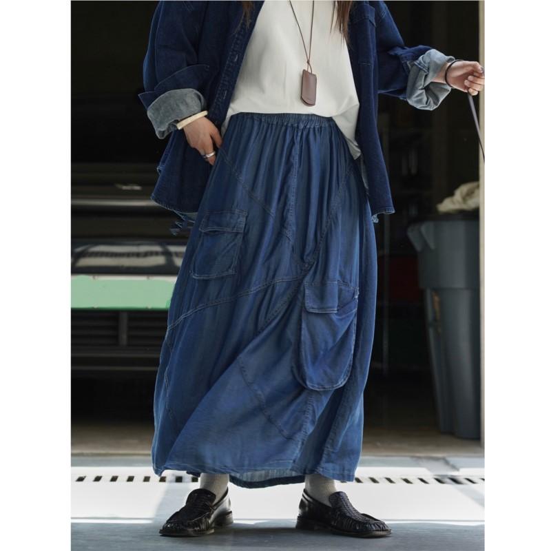 Johnature Japanese Large Pocket Skirt Summer Japanese Casual Elastic Waist Loose Women Skirts