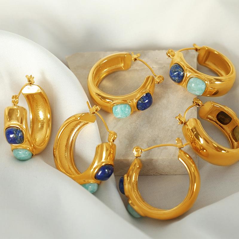 Earrings natural stone earrings titanium steel gold-plated 18k new Chinese style Guochao vacation style earrings women's C shape