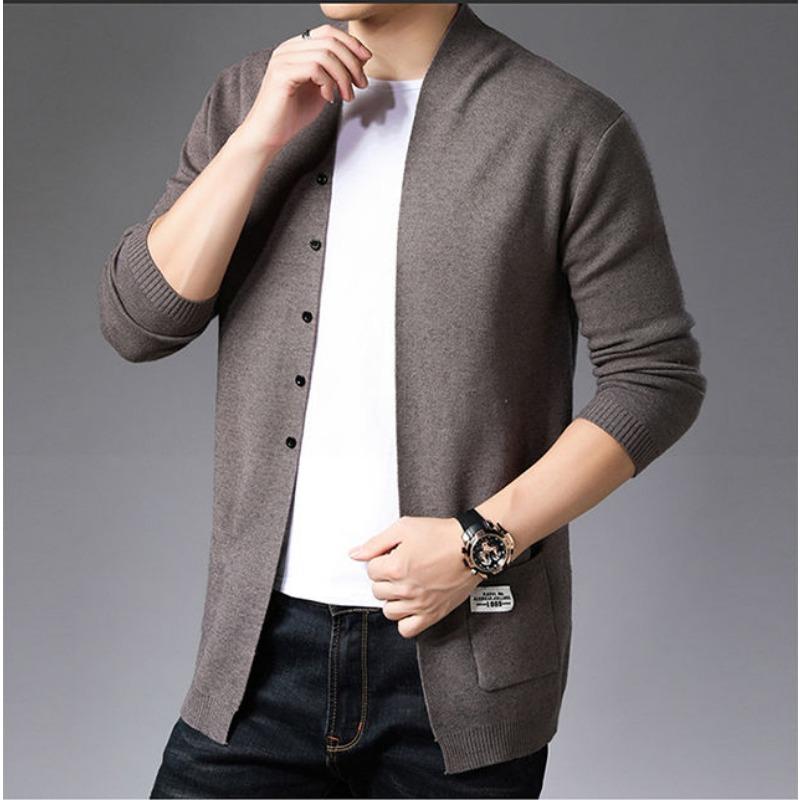 2023 Spring and Autumn Men's V-neck Solid Color Pocket Button Slim Fit Casual Fashion Elegant Commuter Knitted Shirt Coat