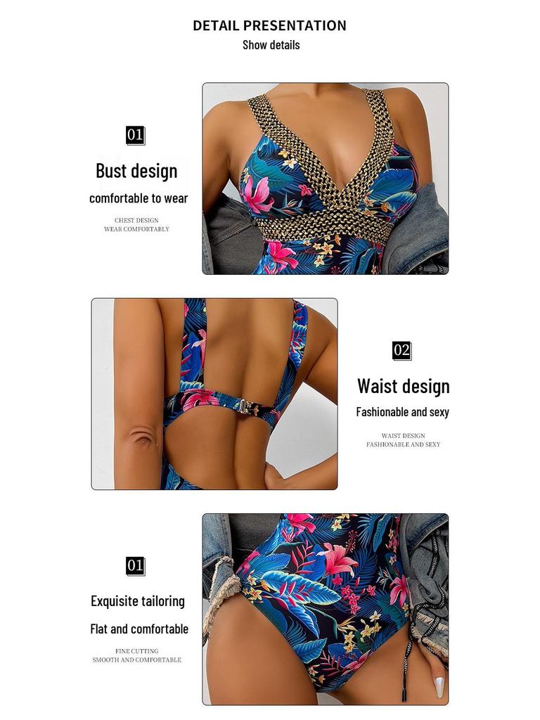 2024 Lebendiger Mehrfarbiger Tief V Spaghetti-Träger Einteiliger Badeanzug