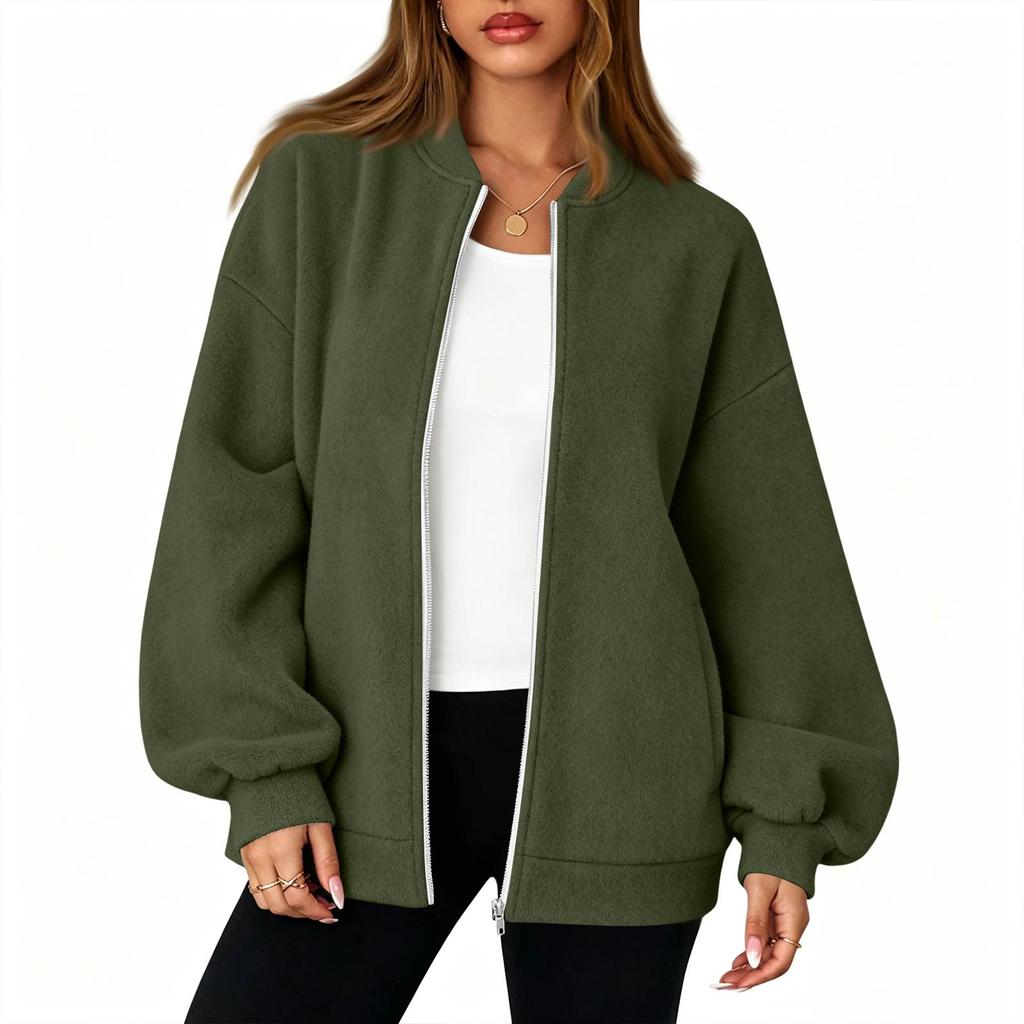 Women's Thermal Baseball Collar Zip Up Jacket Color Loose Fit