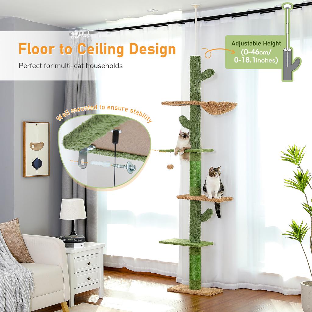 5-stufiger Deckenhoher Kratzbaumturm für Wohnungskatzen Kaktus-Design Kletter-Kratzbaum mit Hängematte Hängendes Spielzeugball