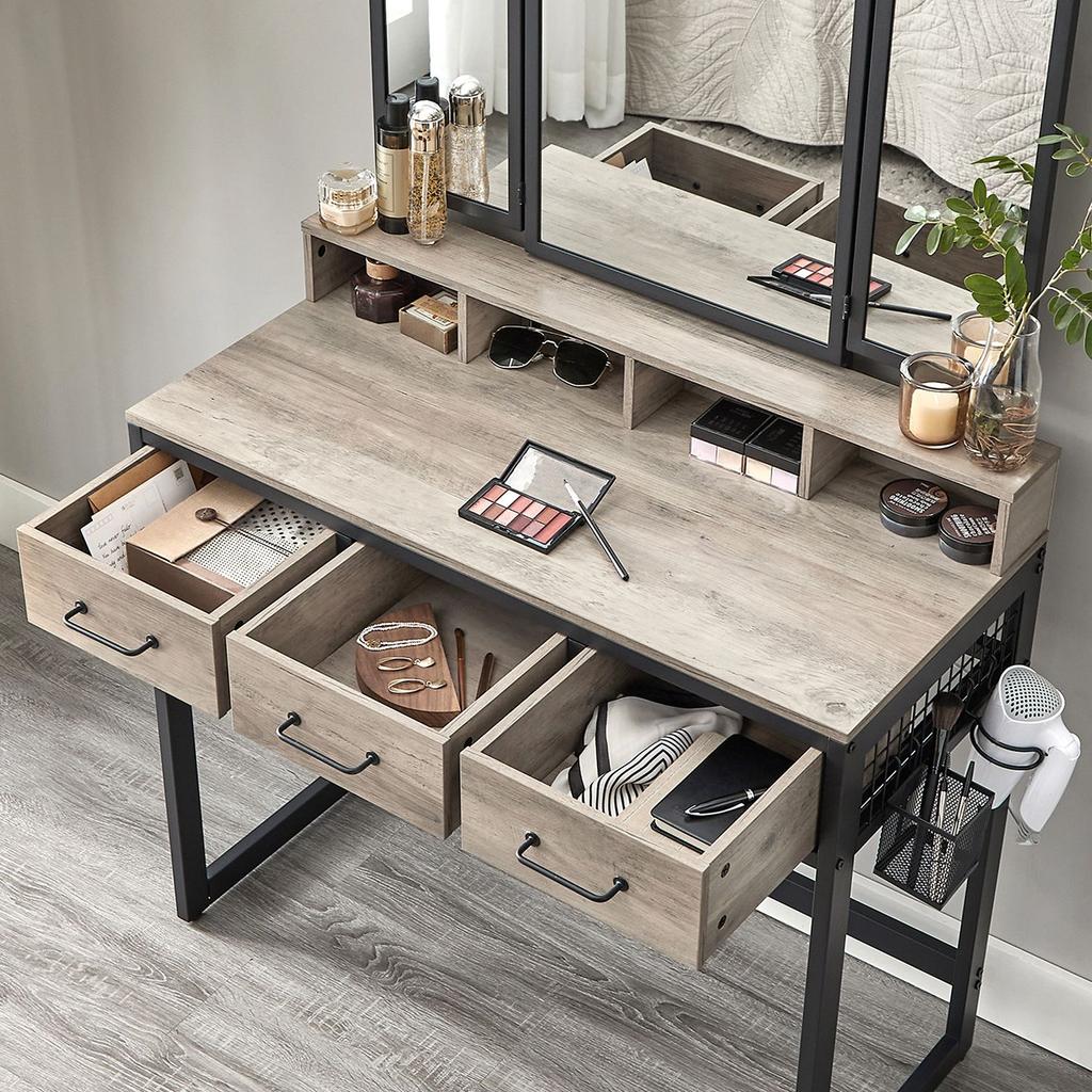 VASAGLE RVT004B02 Dressing Table with Padded Stool, Triple Mirror, 3 Drawers, Hair Dryer Holder, Pot, Industrial Style, Grey and Black