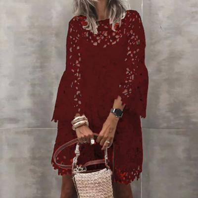 Robe Midi Ethnique Ample Couleur Unie Manches Longues Double Épaisseur Col Rond Broderie Florale en Dentelle Ajourée