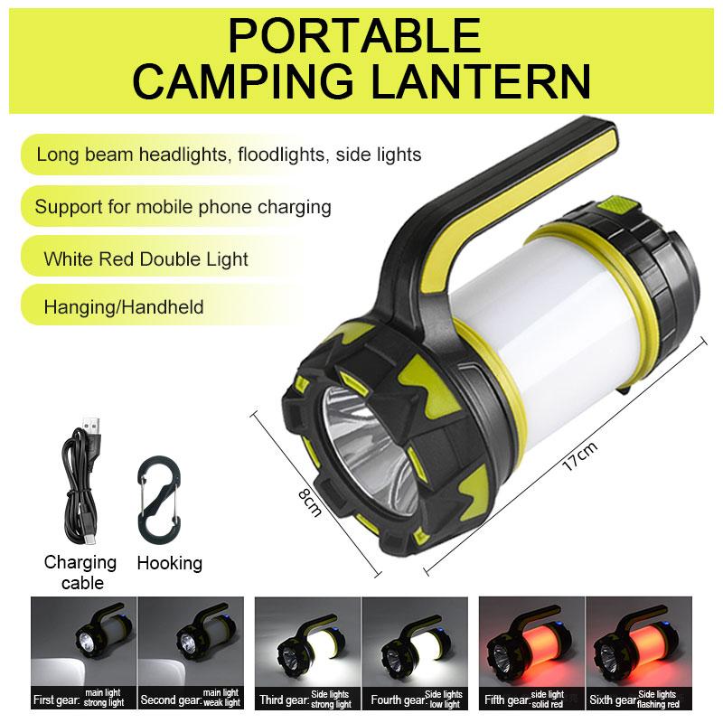 Portable Camping Lantern Lamp T6 Beads Flashlight USB Rechargeable Waterproof Emergency Outdoor Searchlight with COB Sidelight