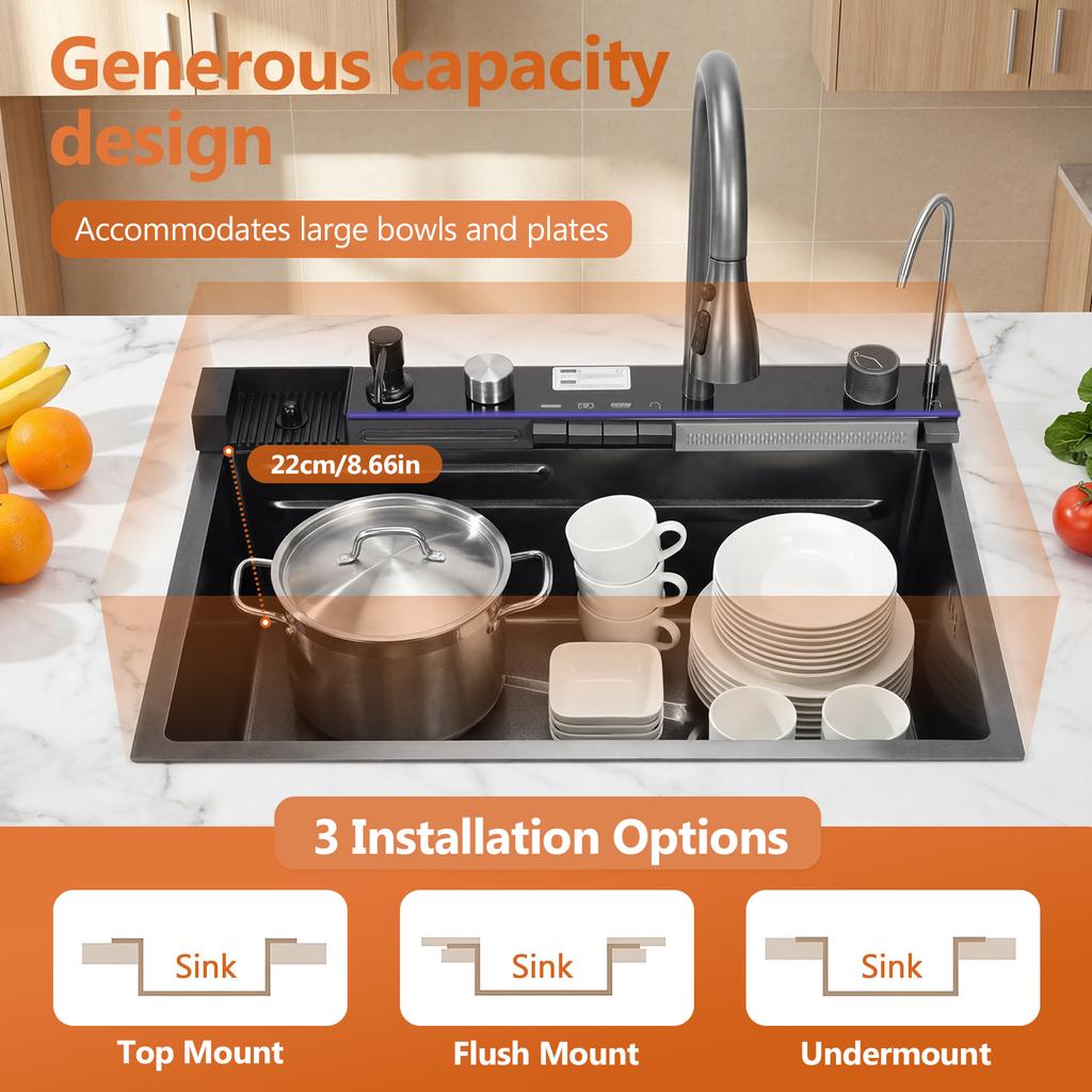 Kitchen Sink Stainless Steel Workstation Sink Pop-Up Swivel Faucet Fast Drain & Anti-Clog Topmount Single Bowl with Accessories
