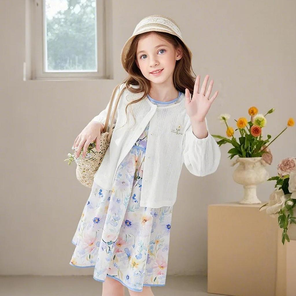 Girls' Air Conditioning Shirt Summer Mid to Large Children's Thin Outdoor Cardigan Coat with Small Flower Embroidered Dot Diamond Button