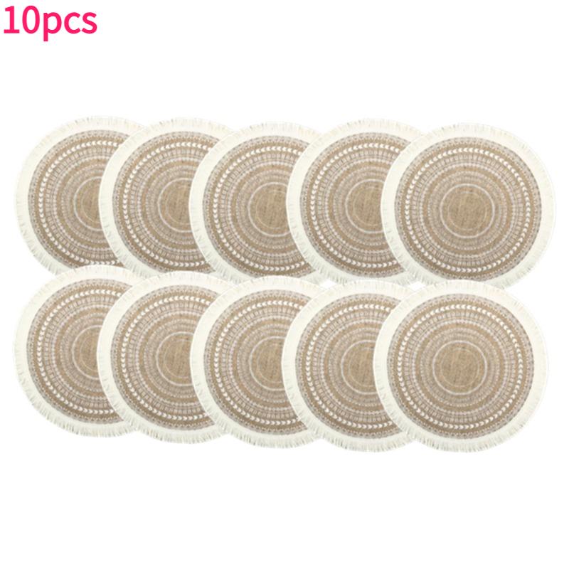 6-10pcs Bohemian Round Tassel Placemats Woven Linen Round Heat-insulating Flower Pattern Table Mats Dining Tables Decorative Mat