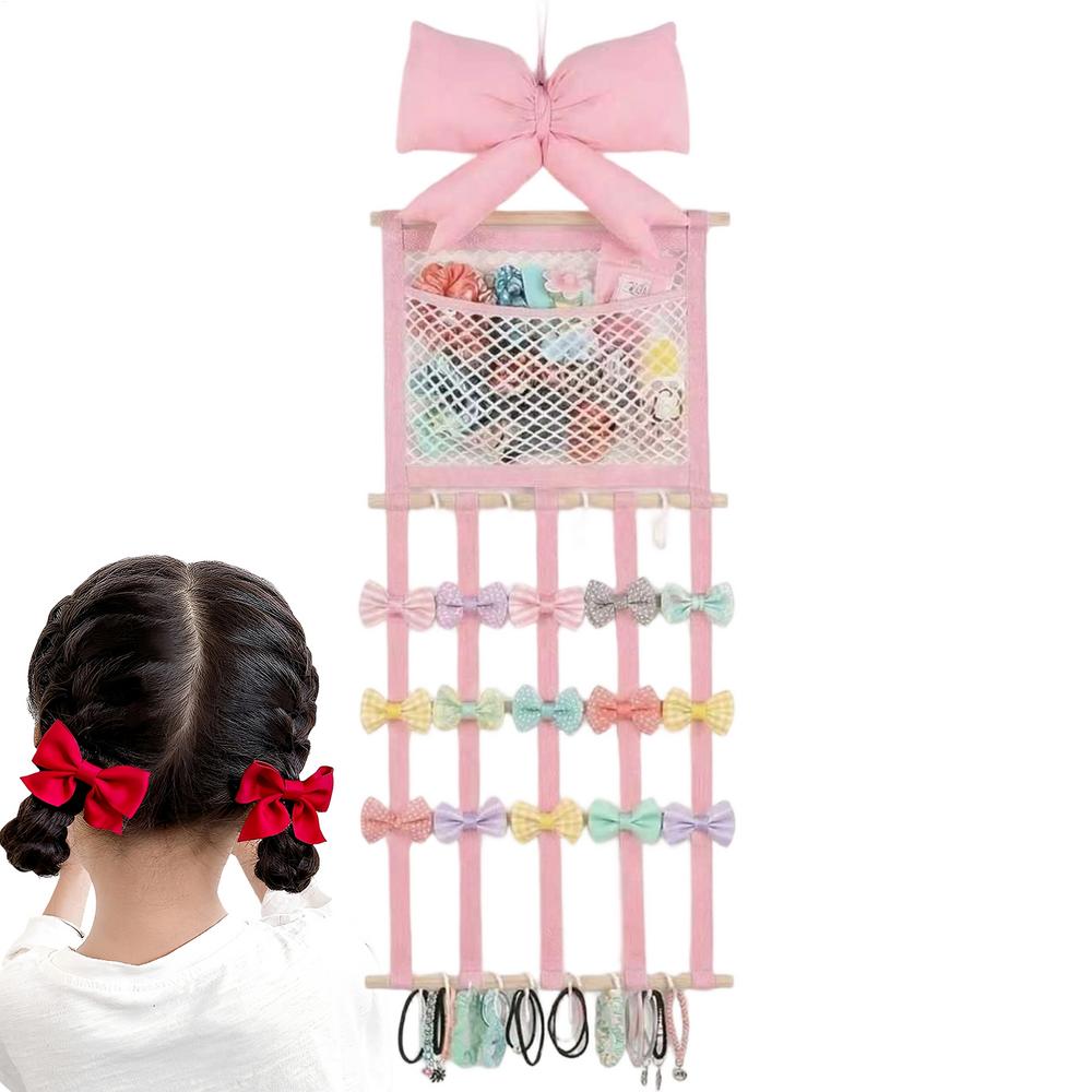 Органайзер для бантов на волосы Розовая сетчатая сумка с крючками Органайзер для резинок для волос Держатель для зажимов-крабов Для женщин Подростков Дверь Шкаф Спальня Гостиная 3500₽