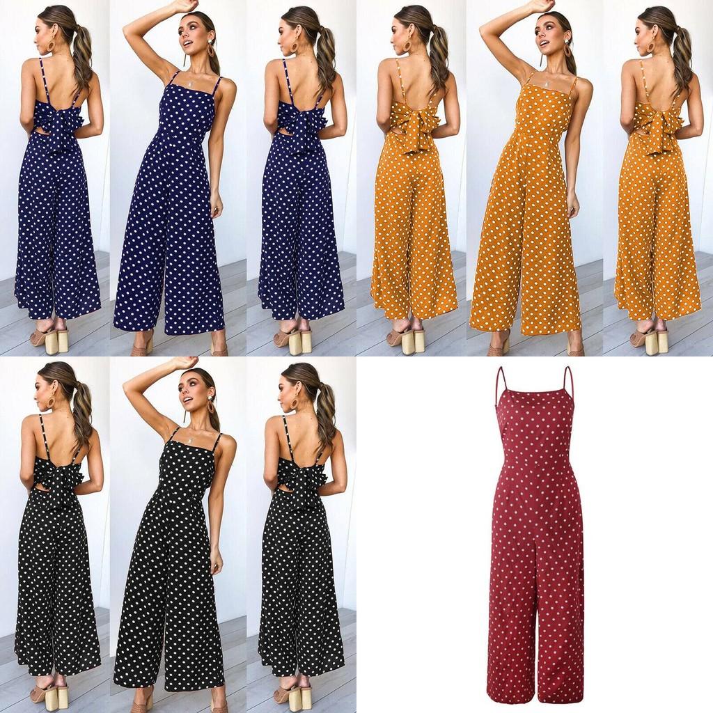 Elegante Tuta a Pois da Donna Senza Maniche con Pantaloni a Gamba Larga e Schiena Scoperta