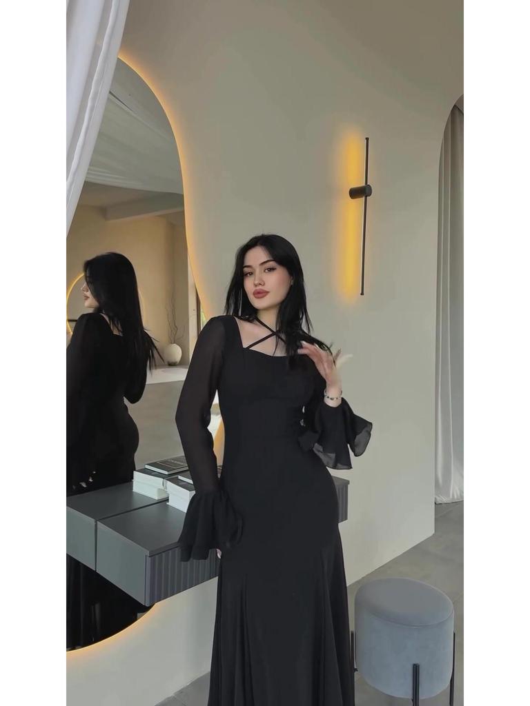 2024 Autumn Cross-border Elegant Chiffon Ruffle Tie-up Slimming Dress