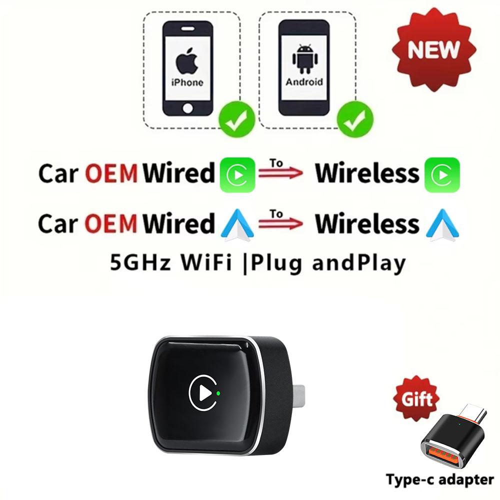 

Беспроводной адаптер CarPlay 2 в 1 и мини-адаптер Android Auto 5 ГГц WiFi Type-C/USB Plug & Play Проводной к беспроводному CarPlay