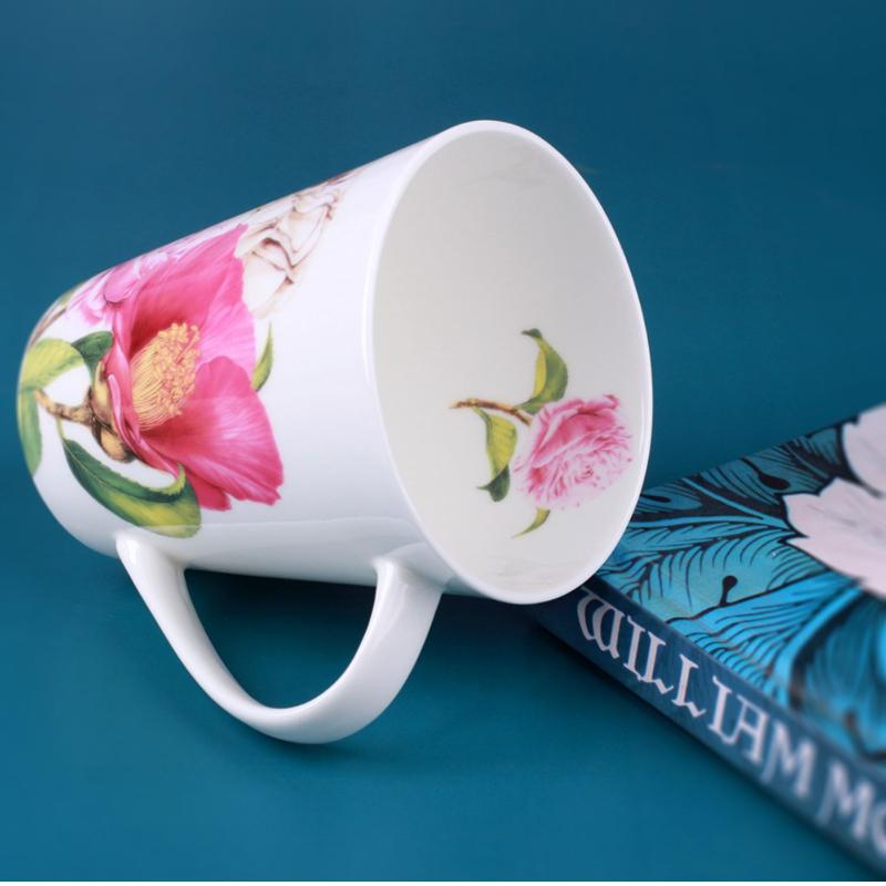 V Style Porcelain Mug 450ml, Fine Bone China Tea Cup Coffee Cup, Camellia Flowers Pattern Coffee Mug for Cappuccino ,ceramic Tea Sets