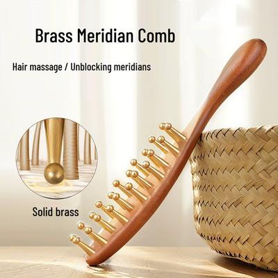Gold Tone Long Handle Wide Tooth Sandalwood Scalp Massage Comb