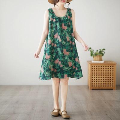 Vestido Midi de Verão Casual Solto Floral de Algodão Vintage Sem Mangas Plus Size para Mulheres