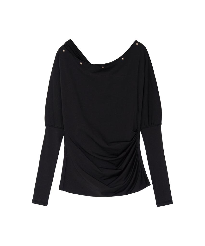 GINSEUKI Studded Off-Shoulder Shirring Long Sleeve (Black)