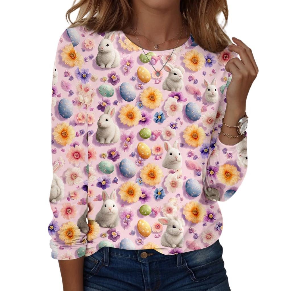 Women's Daily Casual Long Sleeved Easter Printed Round Neck Top