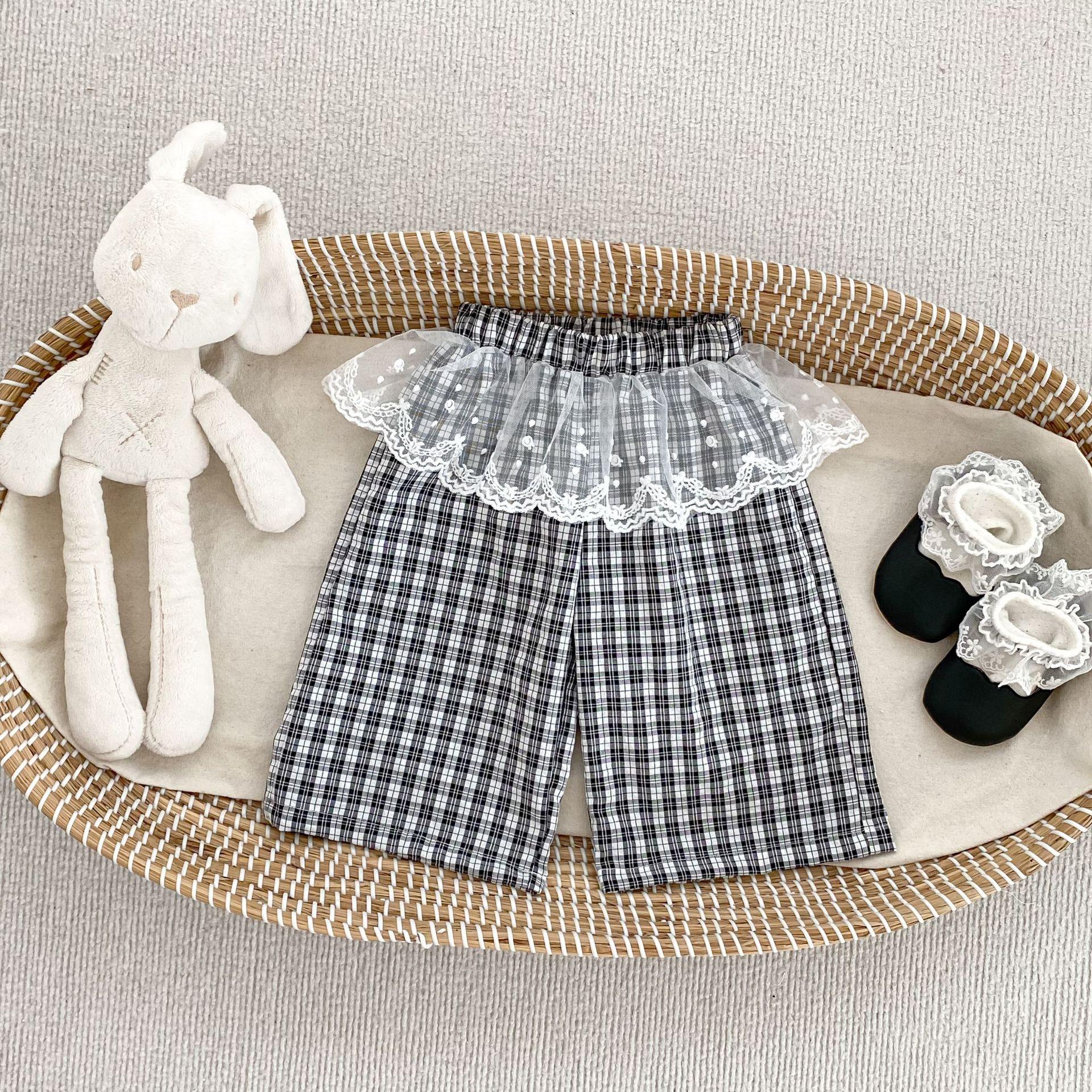Girls Summer Lightweight Breathable Wide Leg Cropped Pants with Checkered Trim and Bow Detail 73