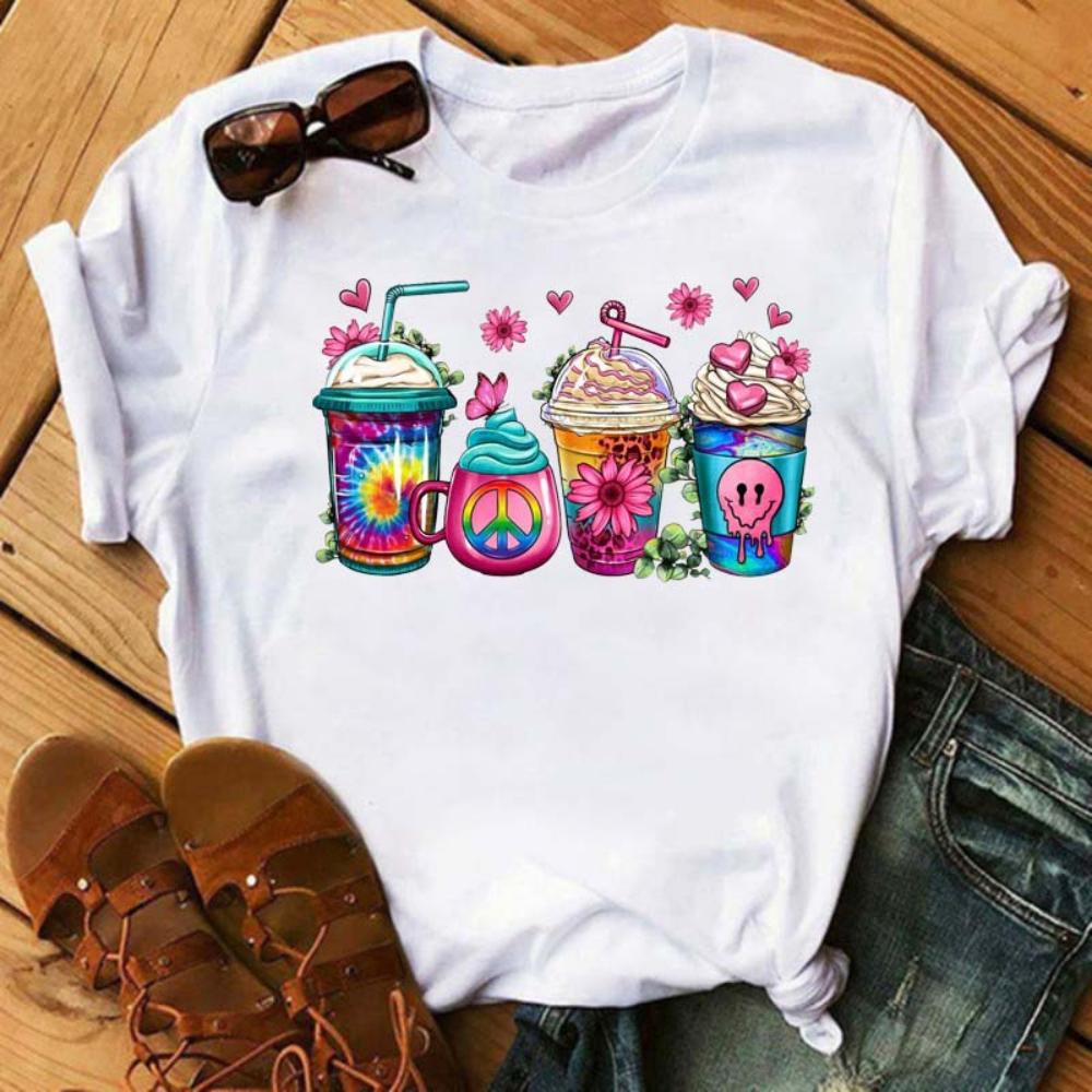 Cartoon Coffee Women TShirt Water Bottle with Juice Loose Tee Red Cherries Graphic Daily Streetwear Fashion Soft Top T Shirt