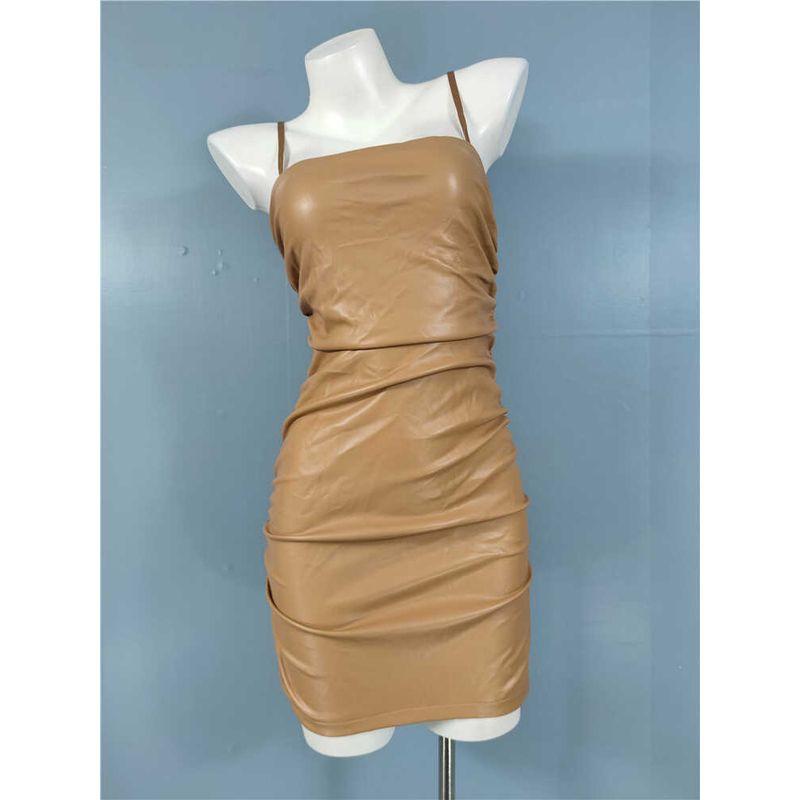 

Export Single Lu s Sling Pu Silm Slim Looking Ruched Elegance Beautiful All-Match Sheath Sexy Pure Desire Dress Women Temperament Brown M