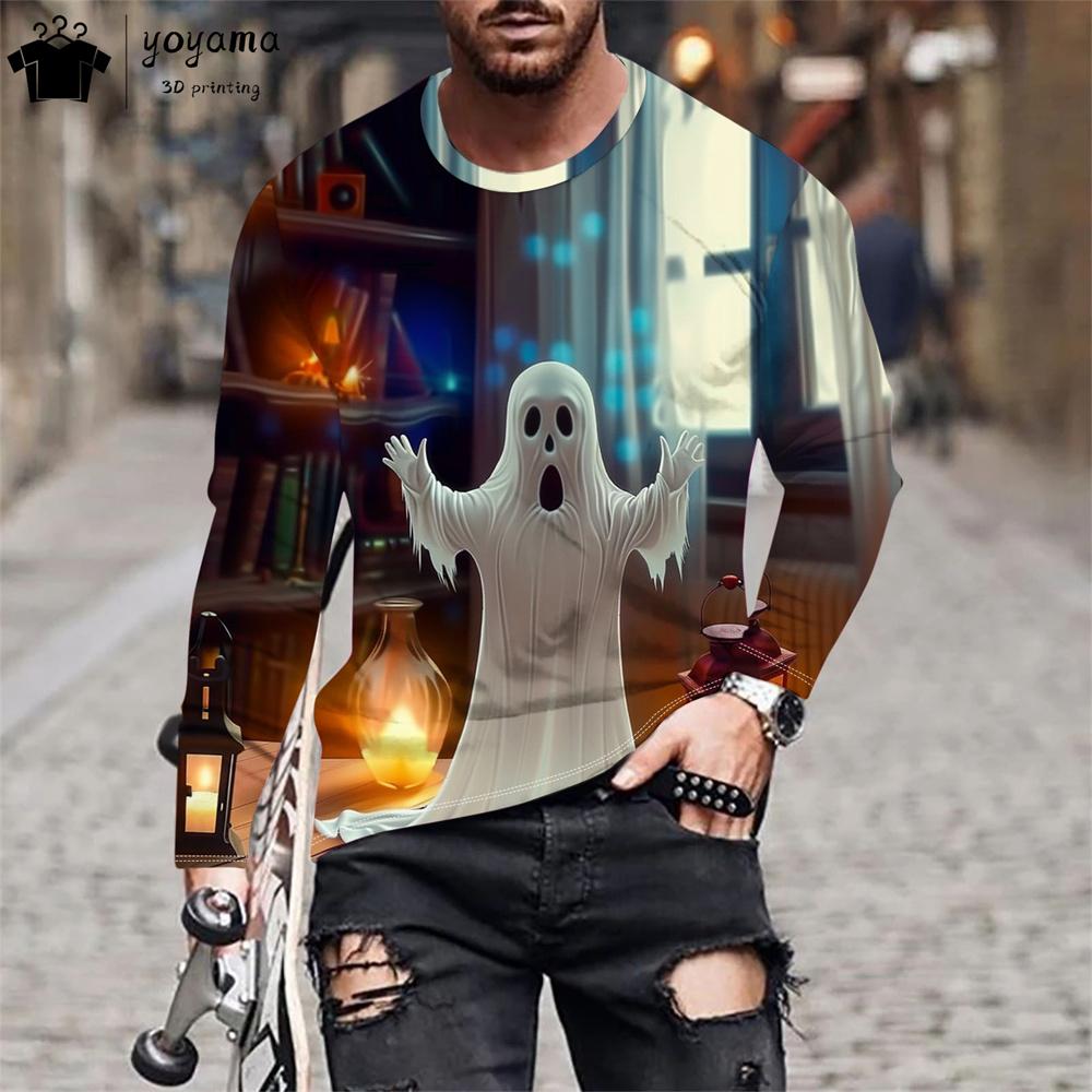 Halloween-Druck Herrenbekleidung Herren Langarm-T-Shirt Mode T-Shirt Herren Einfache T-Shirts für Herren Halloween Grafik T-Shirts