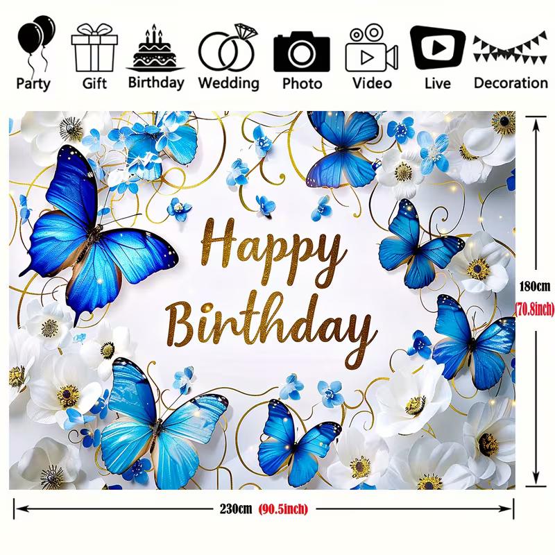 2D Butterfly Happy Birthday Backdrop, Blue & Gold Floral Banner, Kids Birthday Party Photography Decor