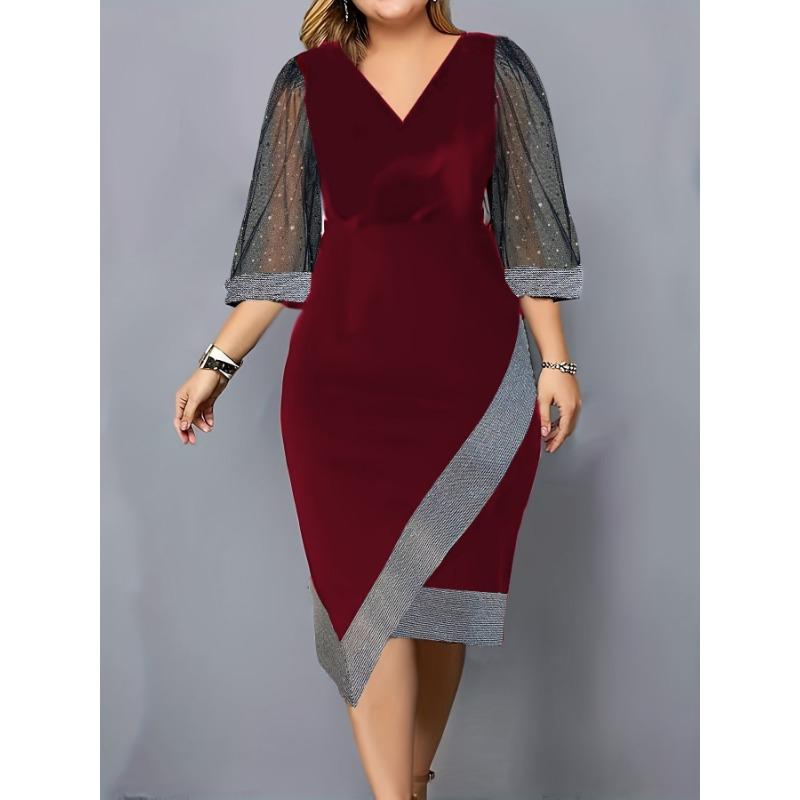 Women's New Temperament Commuter Slim Mesh Splicing Short-sleeved V-neck Dresses