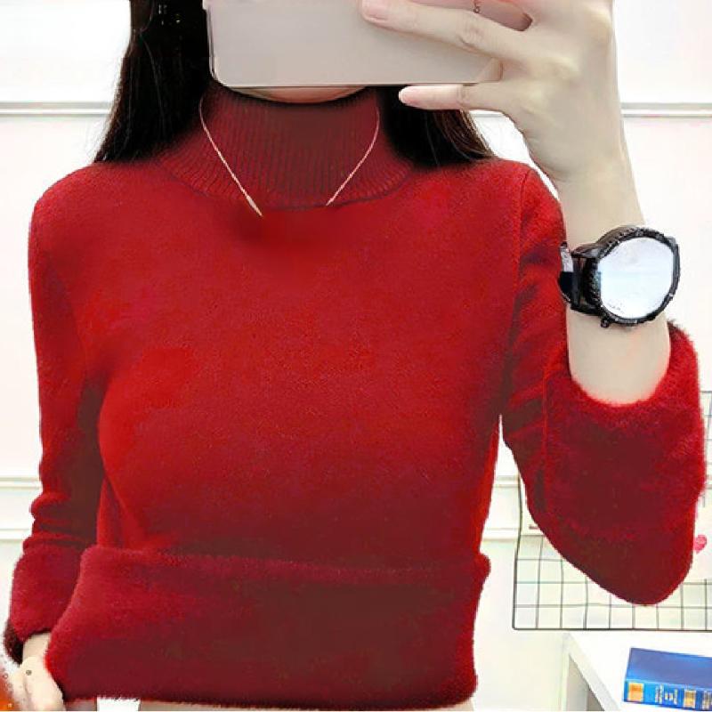 Pulover cald coreean Pulover Femei Iarna Subțire Îngroșare Pluș Căptușit din catifea Tricoturi Jumper Jumătate Gât țesut Poleras Topuri din tricot moale