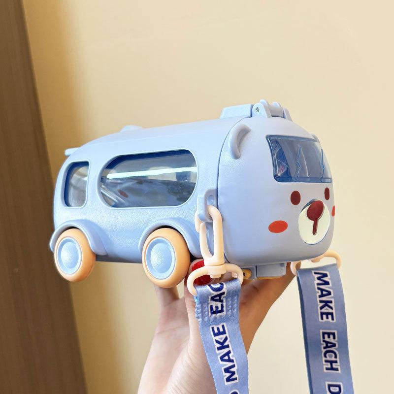 Bus Straw Water Bottle With Strap,Portable Cute Bear Car Water Bottles with Movable Wheels, Leakproof Bear Drinking Jug