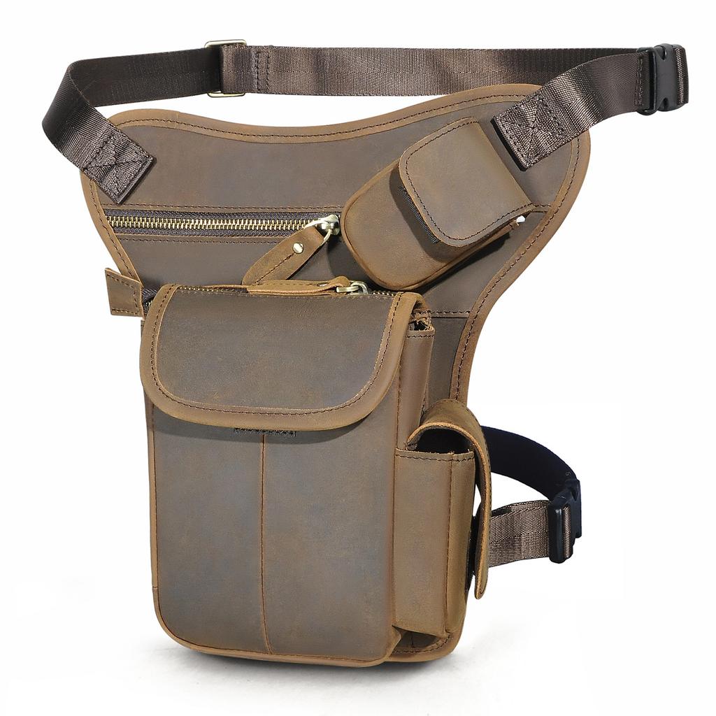 Top Grain Oil Waxed Leather Waist Bag for Men Vintage Camera Cell Phone Crossbody Leg Pack Hip Bag for Outdoor Travel Hiking