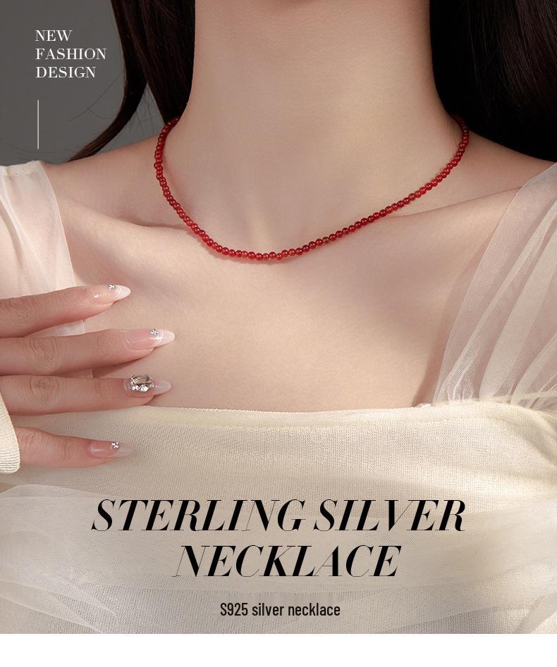 Banyan Baum Roter Achat Perlenkette S925 Silber - Handgefertigte Retro Schlüsselbeinkette für Damen.