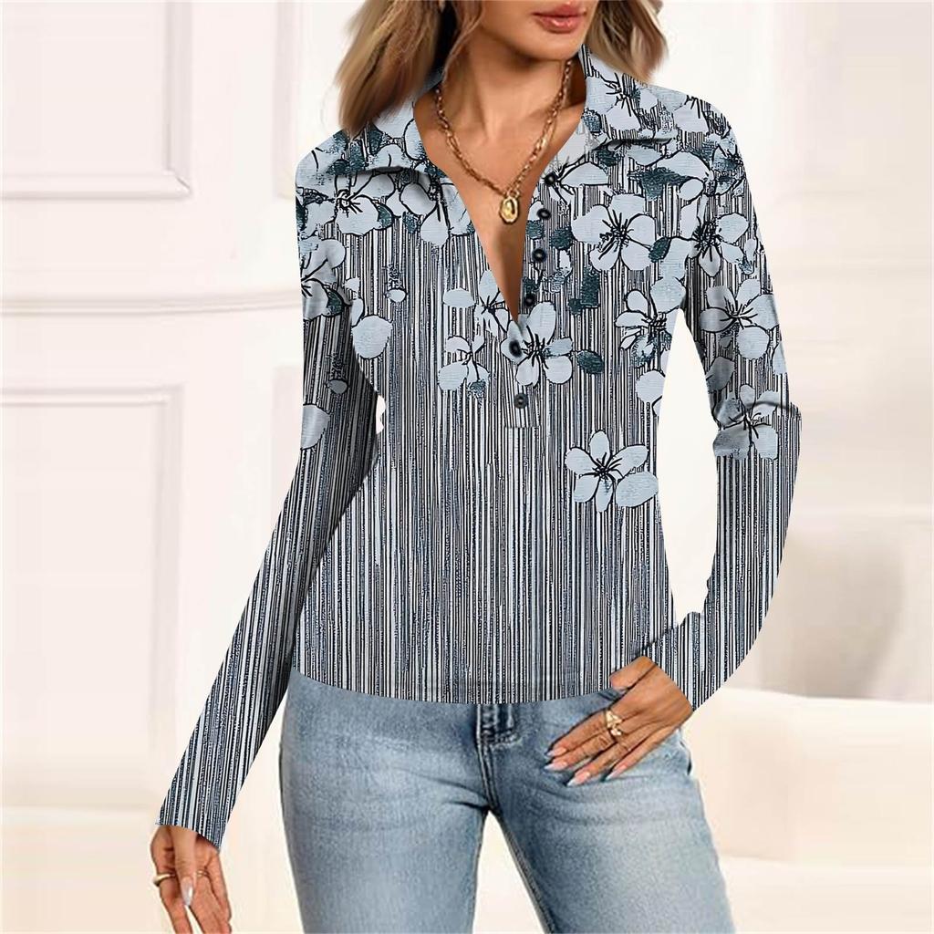 Damenmode Lässig Bedrucktes V-Ausschnitt Langarm Knopfleiste Oberteil