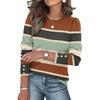 Women's Color Blocked Button Round Neck Long Sleeved Loose Fitting Pullover Top