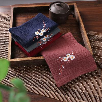 Cotton Linen Chinese Style Zen Tea Towel Absorbent Thickened Rag Flower Embroidery Tea Towel Tea Coaster Accessories