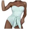 Women One Piece Swimsuit Strapless Bandeau Tie Front Ruched Detail High Cut Leg Swimwear Bathing Suit