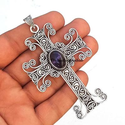 Amethyst Gemstone 925 Sterling Silver Plated Cross Pendant Jewelry NNCE-344