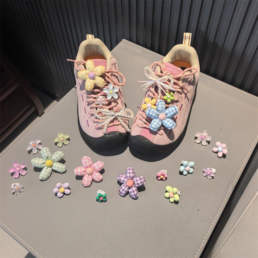 1 PCS New Plaid Flower Bowknot Pearl Shoe Clip High-End Accessory Vintage Fabric for Women and Girls Sneakers Flat Shoes Charms