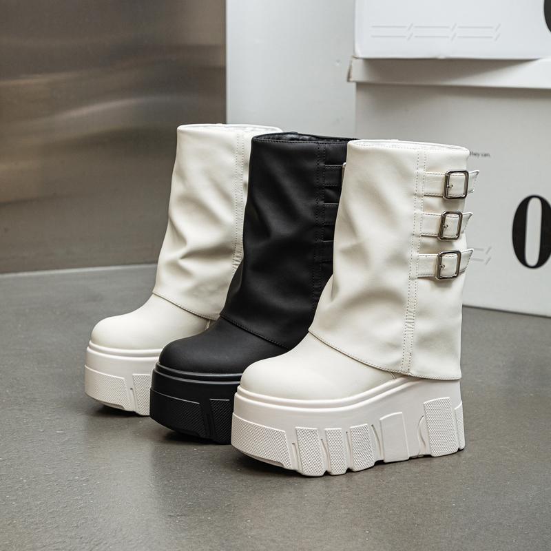 Kalhotové kozačky Dámské Podzim Zima Tenký Fleece Dámské Kotníkové Boty Vysoký Podpatek Platforma Přezka s Páskem Trend Dámské Kozačky